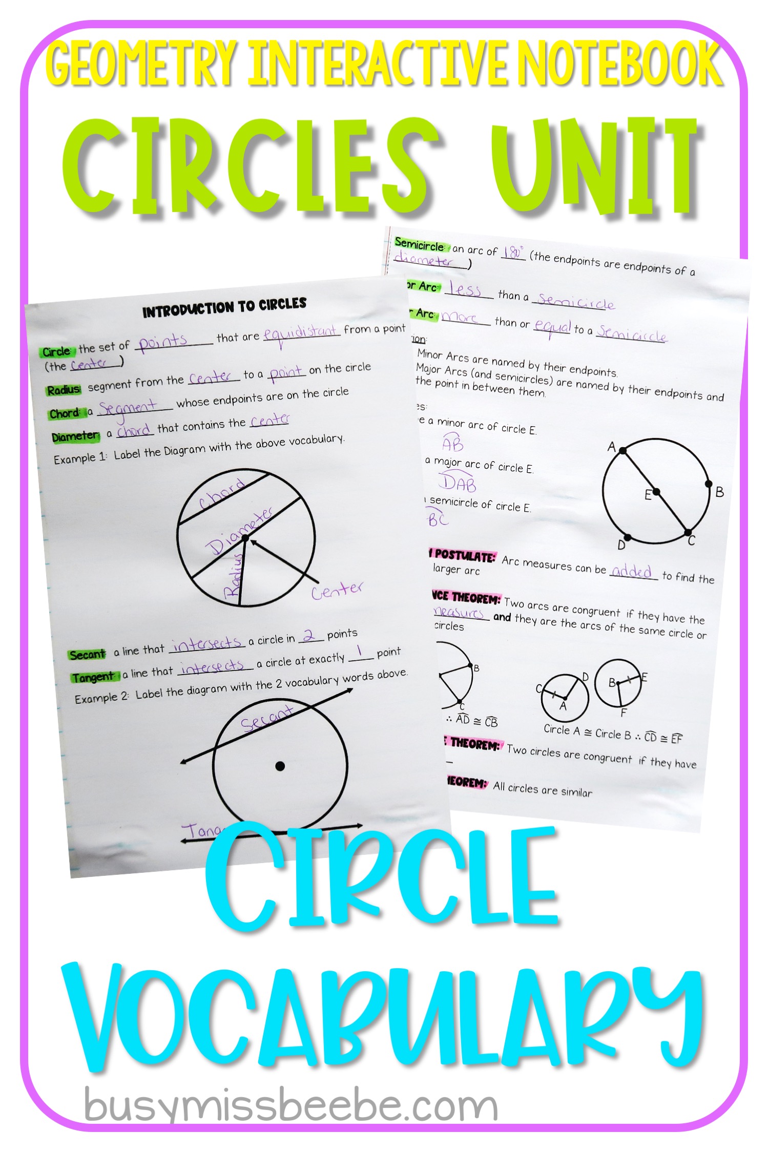 Circles Geometry Interactive Notebook - Busy Miss Beebe